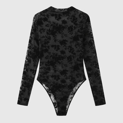 Women's Elegant Lace Pattern Long Sleeve Bodysuit - ChoreGirl