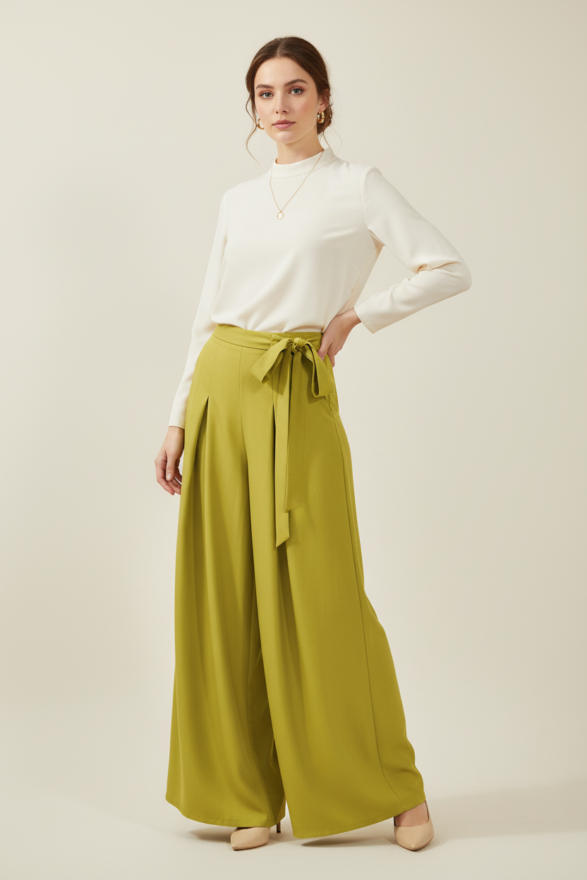 Elegant High Waist Pleated Wide Leg Pants - Women