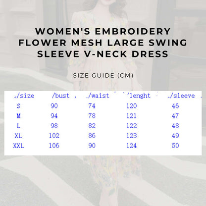 Women's Embroidery Flower Mesh Large Swing Sleeve V-neck Dress - ChoreGirl