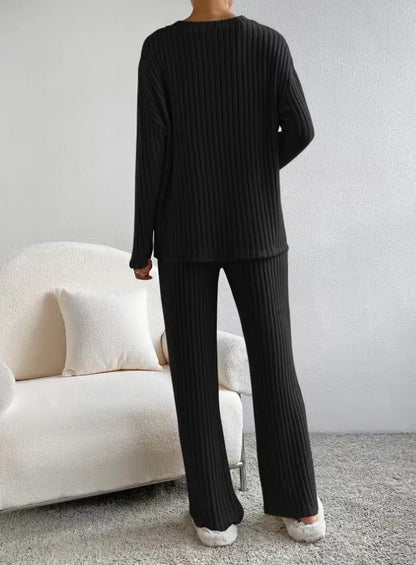 Women's Knitted Straight Leg Pants and Loose V-neck Shirt Two-Piece Outfit Set - ChoreGirl