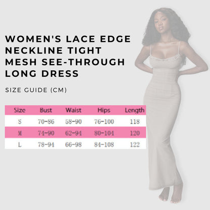 Women's Lace Edge Neckline Tight Mesh See-through Long Dress - ChoreGirl