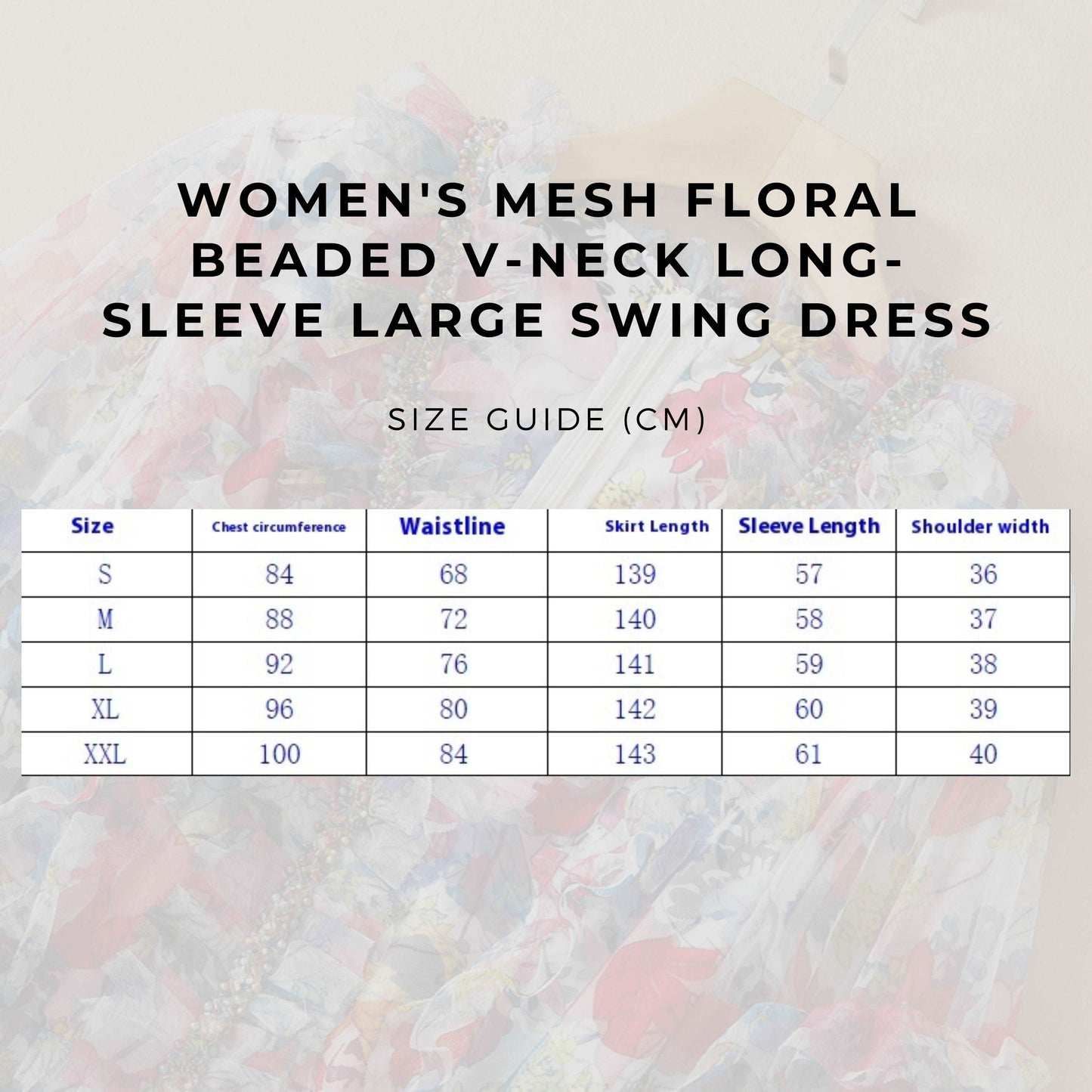 Women's Mesh Floral Beaded V-neck Long-sleeve Large Swing Dress - ChoreGirl
