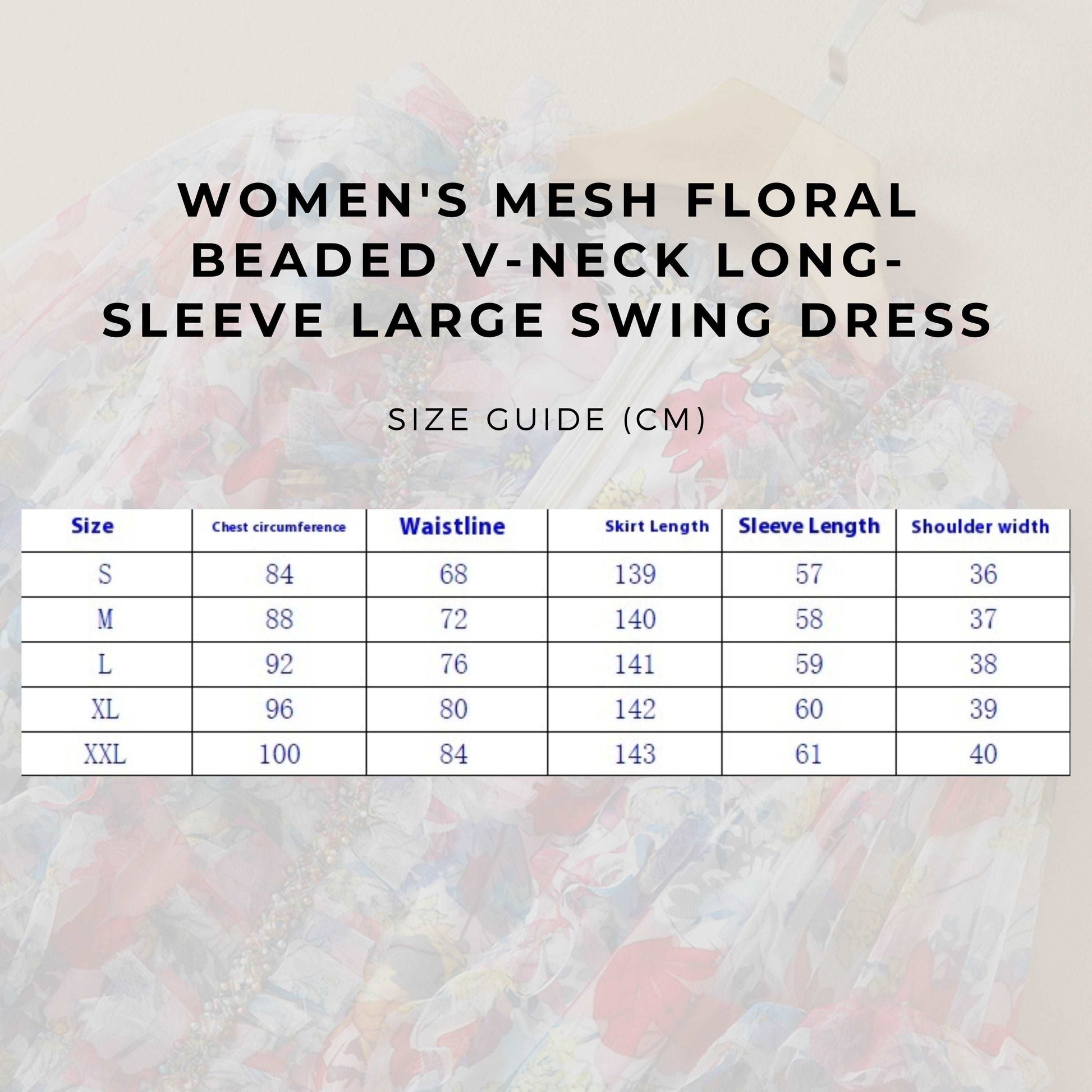 Women's Mesh Floral Beaded V-neck Long-sleeve Large Swing Dress - ChoreGirl