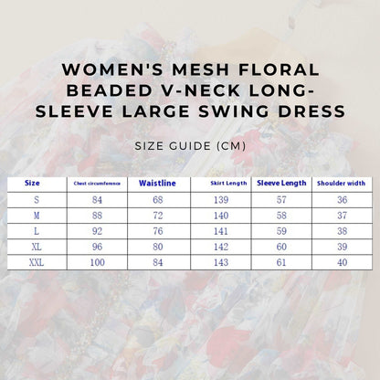 Women's Mesh Floral Beaded V-neck Long-sleeve Large Swing Dress - ChoreGirl