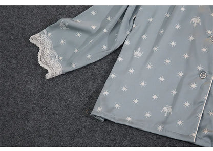 Women's Thin Ice Silk Satin and Lace Two-piece Pajamas Set - ChoreGirl
