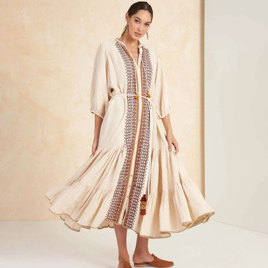 Women's Vintage Boho Beach Hippie Long Sleeve Embroidery Loose Maxi Dress - ChoreGirl