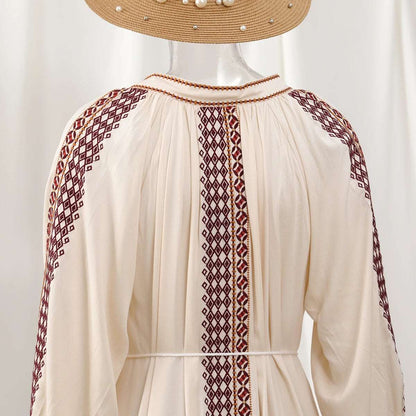Women's Vintage Boho Beach Hippie Long Sleeve Embroidery Loose Maxi Dress - ChoreGirl