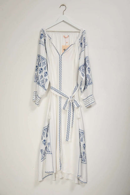 Women's Vintage Boho Beach Hippie Long Sleeve Embroidery Loose Maxi Dress - ChoreGirl