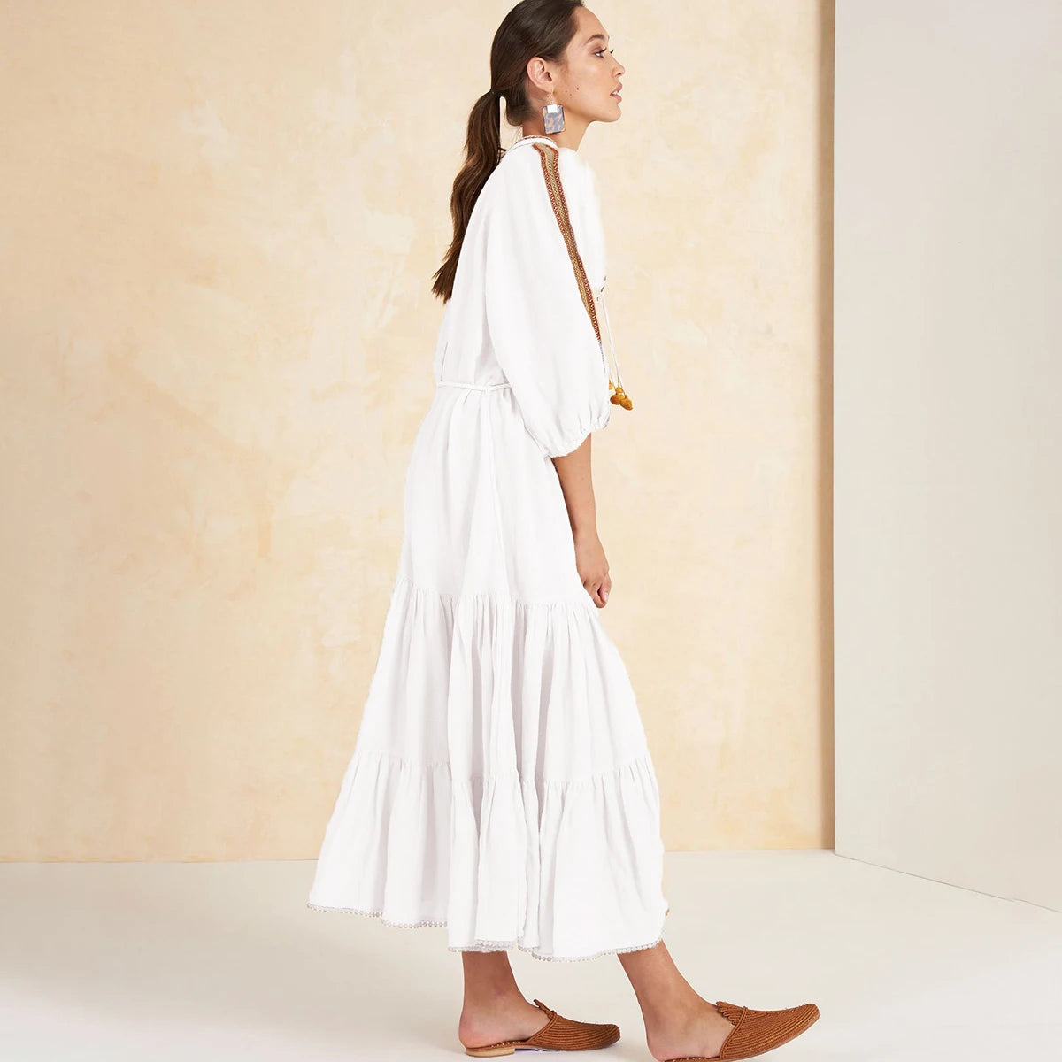 Women's Vintage Boho Beach Hippie Long Sleeve Embroidery Loose Maxi Dress - ChoreGirl