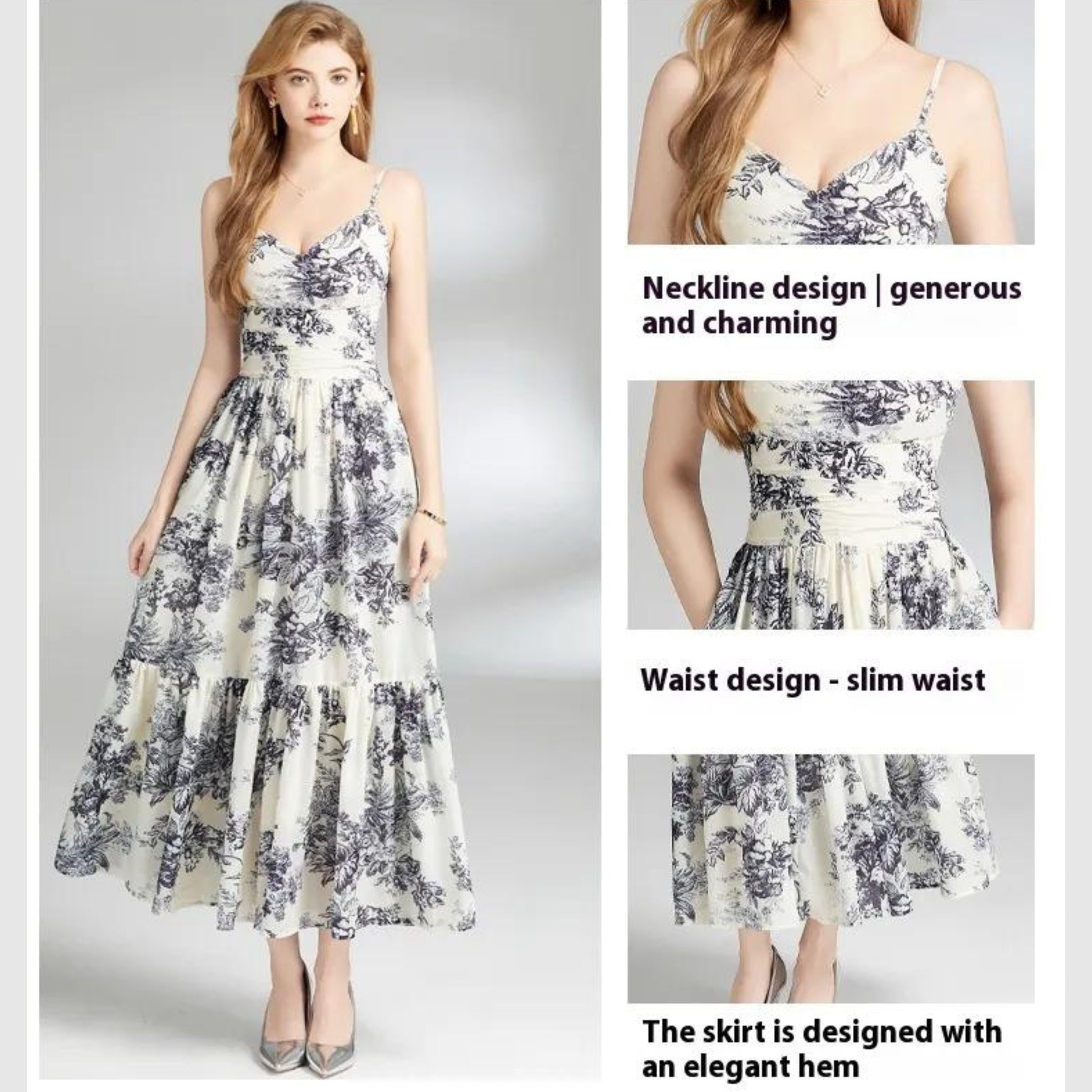 Women's Black and White Floral Print Strap Dress - ChoreGirl