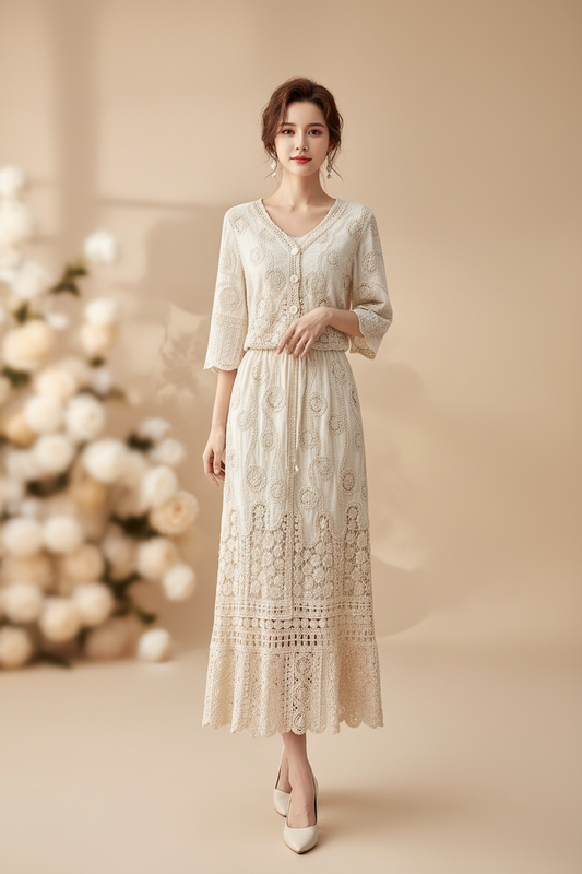 Woman wearing a Bohemian Vintage Crochet Openwork Cardigan With A Versatile Skirt Outfit Set in beige