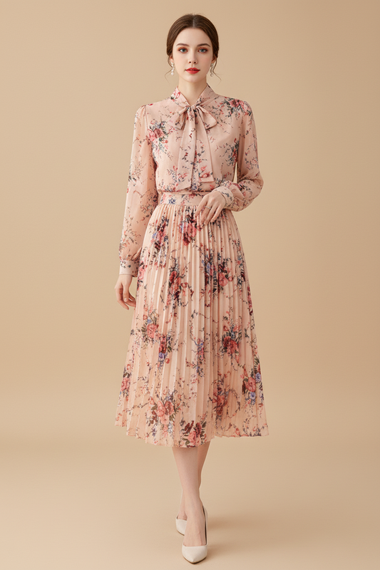 Floral dress with matching top on a gray surface with decorative items.