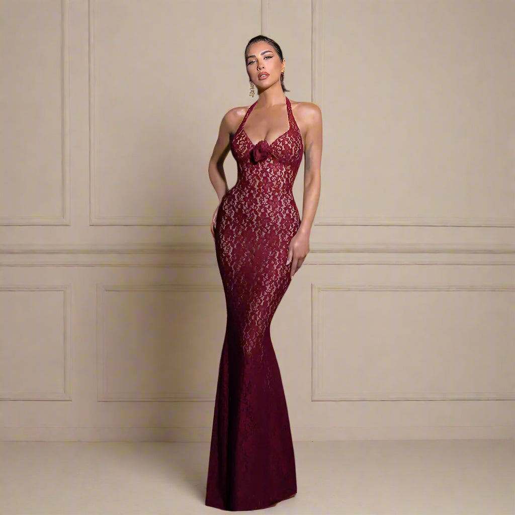 Women's Burgundy Wine Halter Lace Maxi Dress - ChoreGirl