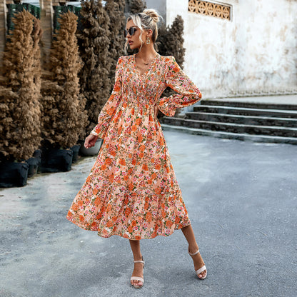 Women's Casual Elastic Waist V-neck Floral Print Dress - ChoreGirl
