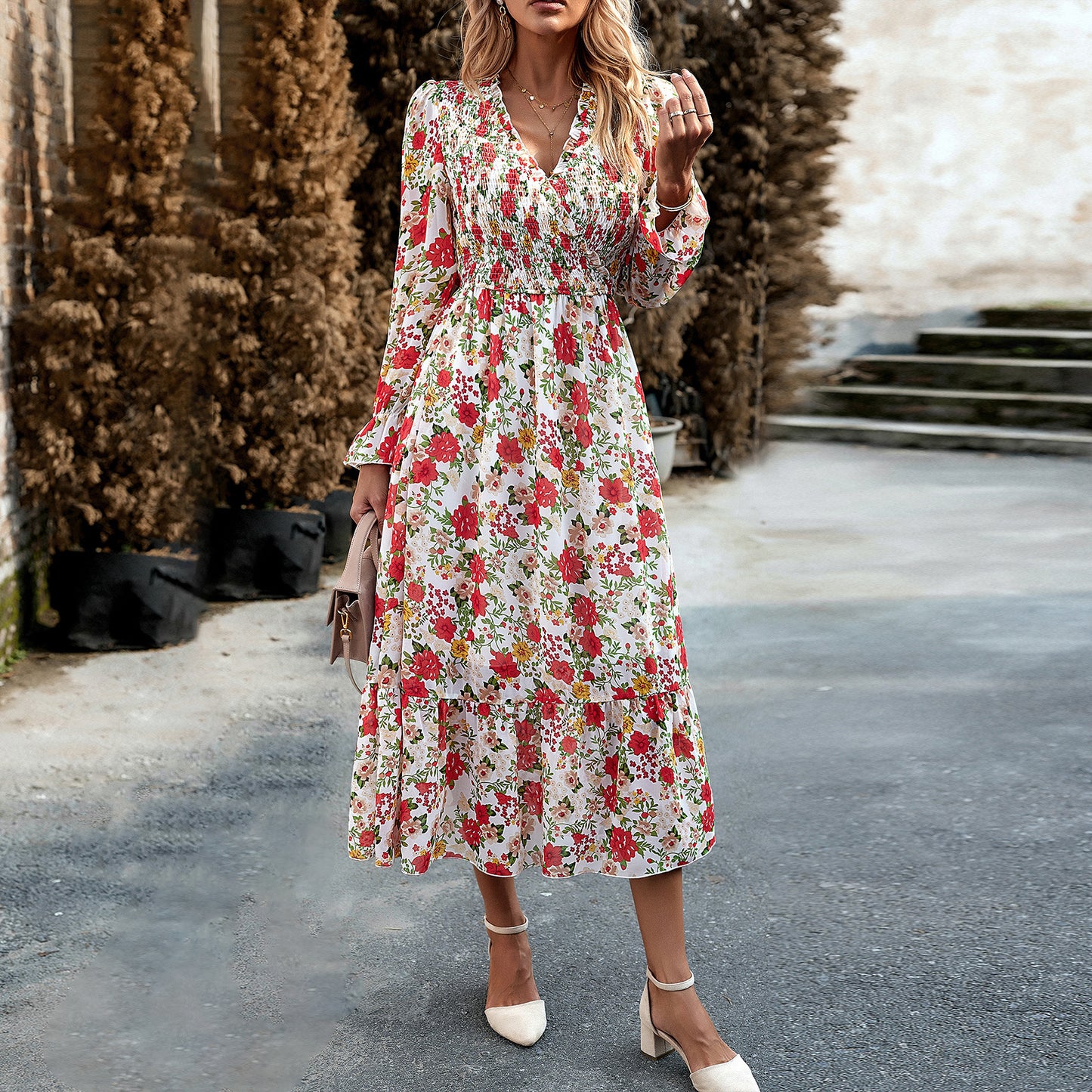 Women's Casual Elastic Waist V-neck Floral Print Dress - ChoreGirl