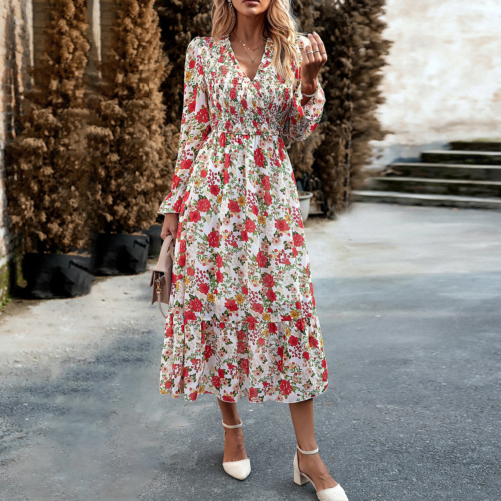 Women's Casual Elastic Waist V-neck Floral Print Dress - ChoreGirl