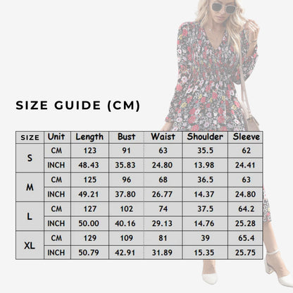 Women's Casual Elastic Waist V-neck Floral Print Dress - ChoreGirl