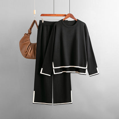 Women's Casual Long Sleeve Sweater and High Waist Wide Leg Pants Knitted Outfit Set - ChoreGirl