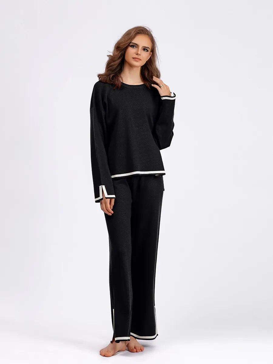Women's Casual Long Sleeve Sweater and High Waist Wide Leg Pants Knitted Outfit Set - ChoreGirl