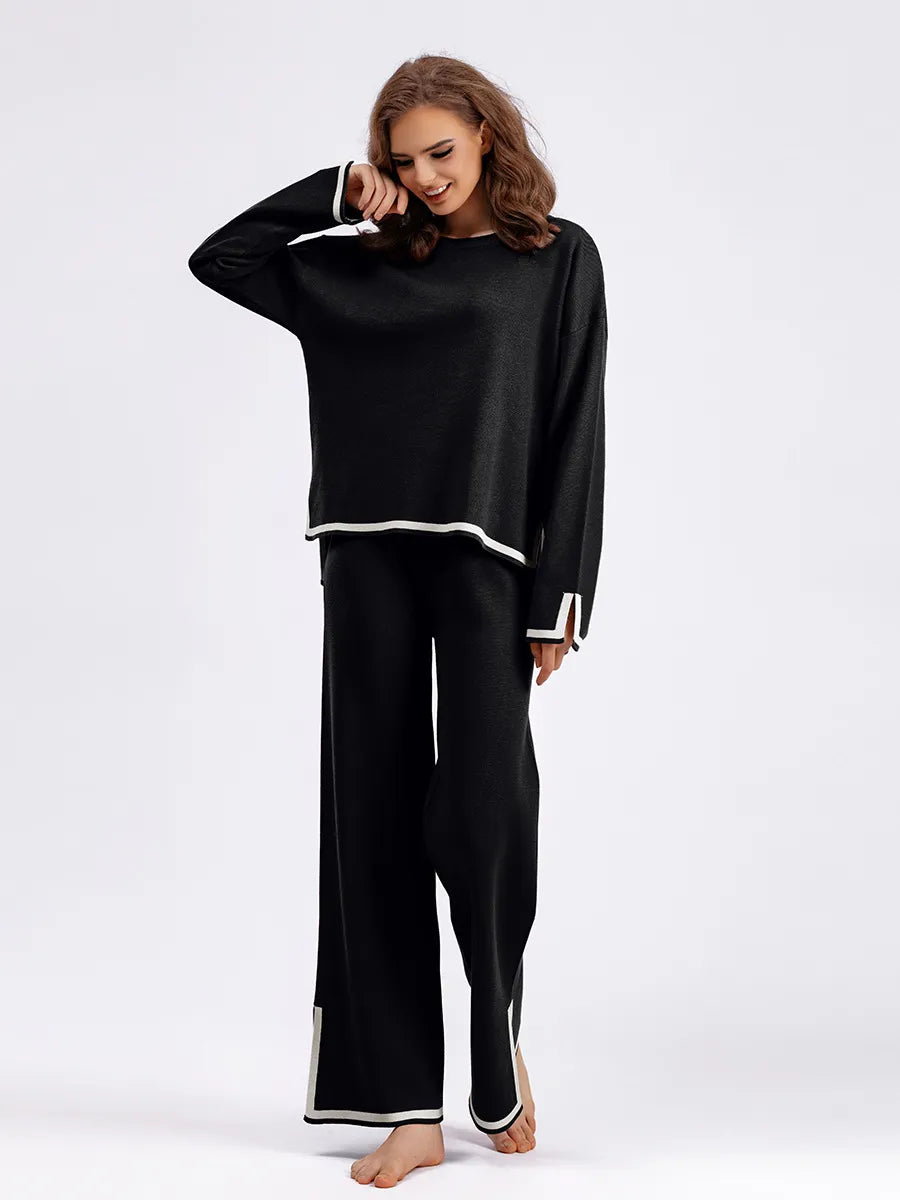 Women's Casual Long Sleeve Sweater and High Waist Wide Leg Pants Knitted Outfit Set - ChoreGirl