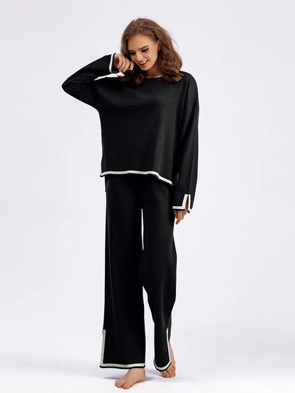 Women's Casual Long Sleeve Sweater and High Waist Wide Leg Pants Knitted Outfit Set - ChoreGirl