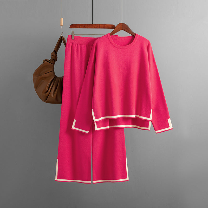 Women's Casual Long Sleeve Sweater and High Waist Wide Leg Pants Knitted Outfit Set - ChoreGirl