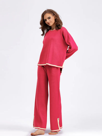 Women's Casual Long Sleeve Sweater and High Waist Wide Leg Pants Knitted Outfit Set - ChoreGirl