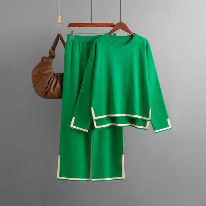 Women's Casual Long Sleeve Sweater and High Waist Wide Leg Pants Knitted Outfit Set - ChoreGirl