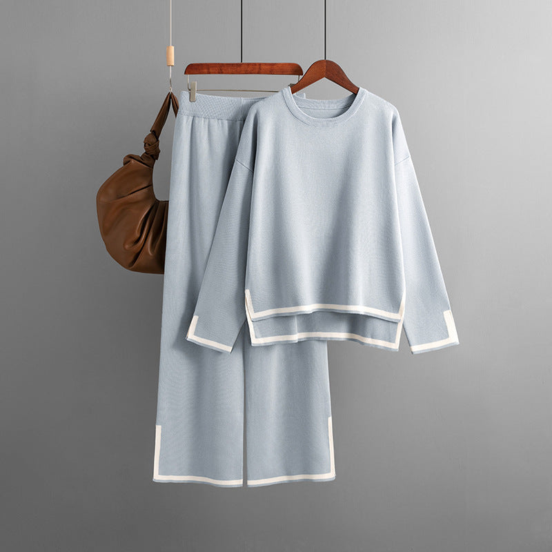 Women's Casual Long Sleeve Sweater and High Waist Wide Leg Pants Knitted Outfit Set - ChoreGirl