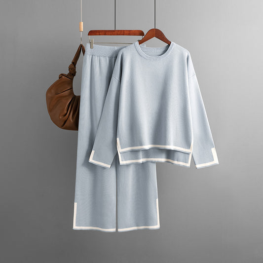 Women's Casual Long Sleeve Sweater and High Waist Wide Leg Pants Knitted Outfit Set - ChoreGirl