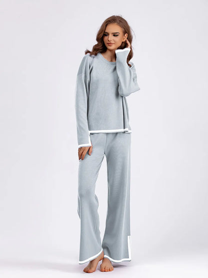Women's Casual Long Sleeve Sweater and High Waist Wide Leg Pants Knitted Outfit Set - ChoreGirl