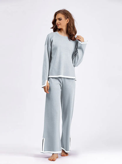 Women's Casual Long Sleeve Sweater and High Waist Wide Leg Pants Knitted Outfit Set - ChoreGirl