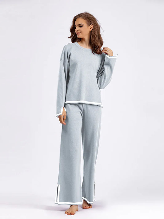 Women's Casual Long Sleeve Sweater and High Waist Wide Leg Pants Knitted Outfit Set - ChoreGirl