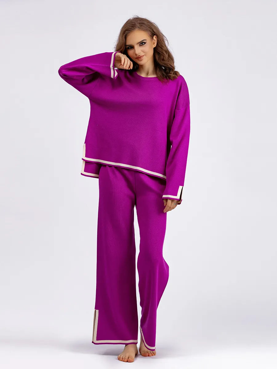 Women's Casual Long Sleeve Sweater and High Waist Wide Leg Pants Knitted Outfit Set - ChoreGirl