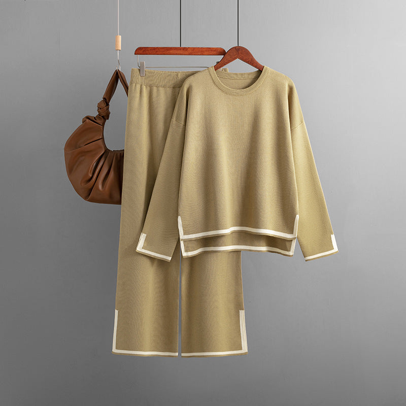 Women's Casual Long Sleeve Sweater and High Waist Wide Leg Pants Knitted Outfit Set - ChoreGirl