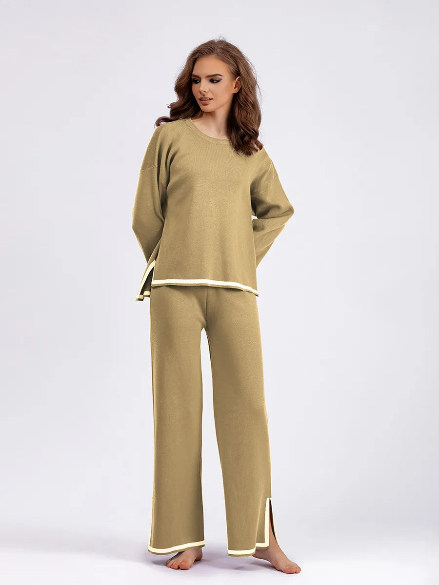 Women's Casual Long Sleeve Sweater and High Waist Wide Leg Pants Knitted Outfit Set - ChoreGirl