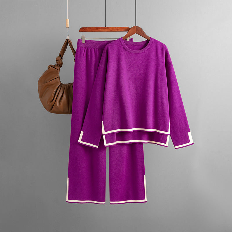 Women's Casual Long Sleeve Sweater and High Waist Wide Leg Pants Knitted Outfit Set - ChoreGirl