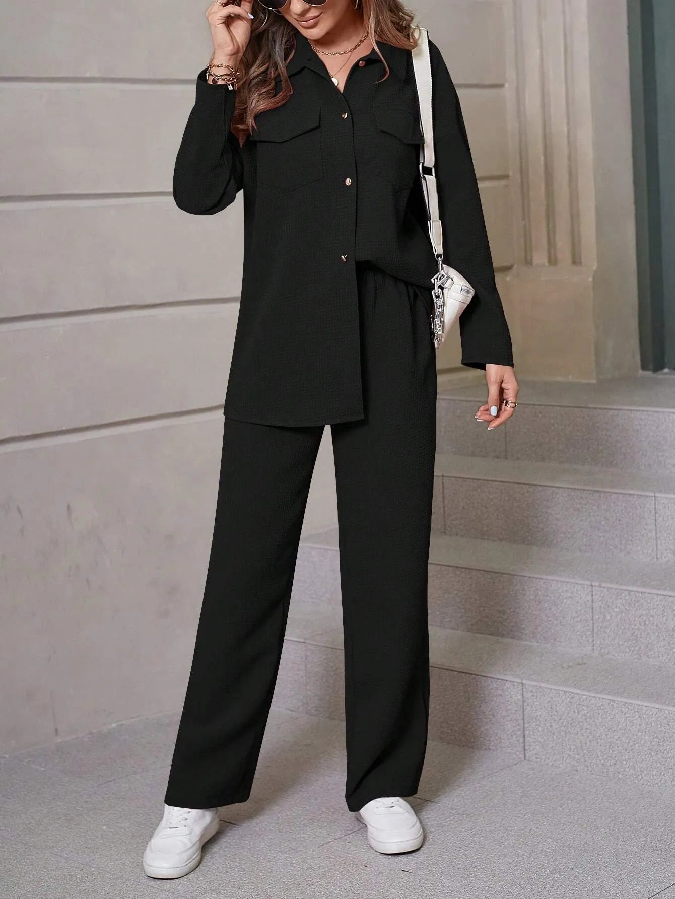 Women's Casual Shirt and Wide Leg Pants Outfit Set - ChoreGirl