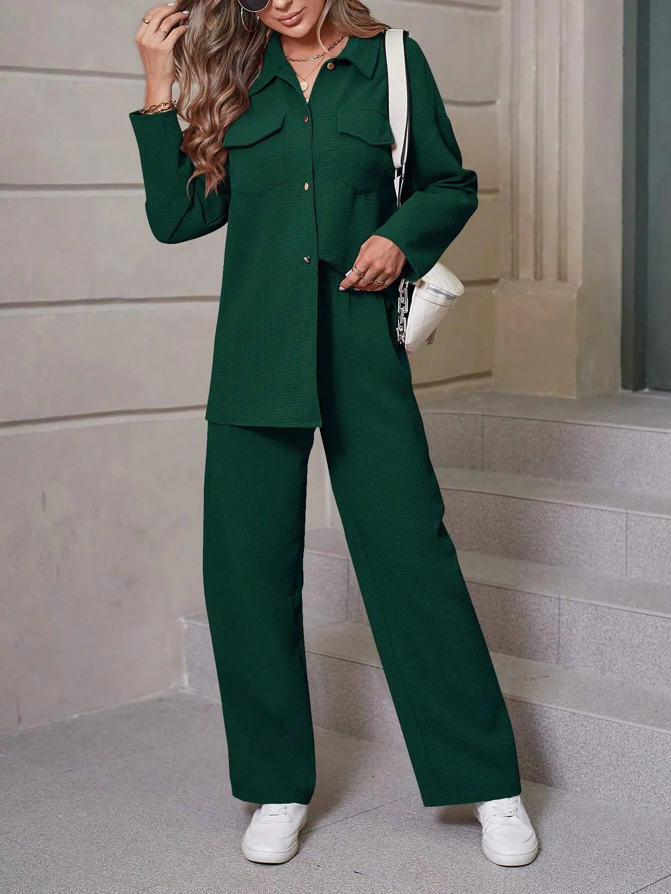 Women's Casual Shirt and Wide Leg Pants Outfit Set - ChoreGirl