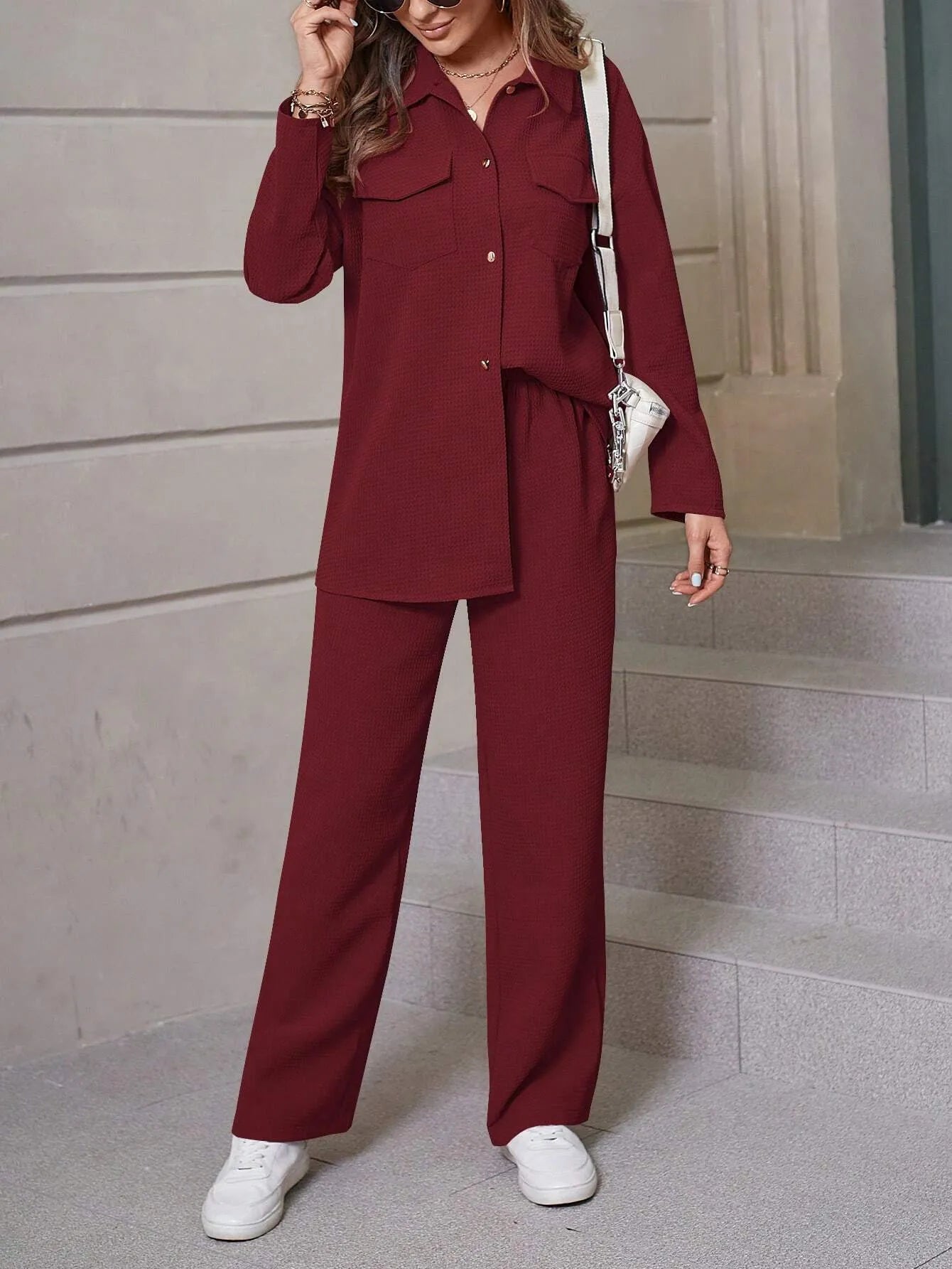 Women's Casual Shirt and Wide Leg Pants Outfit Set - ChoreGirl