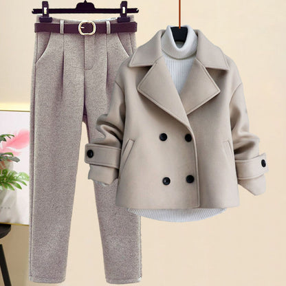 Women's Casual Woolen Coat, Sweater and Pants Three Piece Outfit Set - ChoreGirl