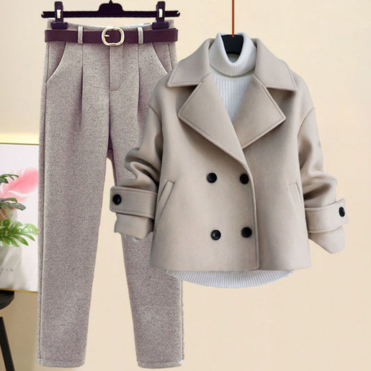 Women's Casual Woolen Coat, Sweater and Pants Three Piece Outfit Set - ChoreGirl