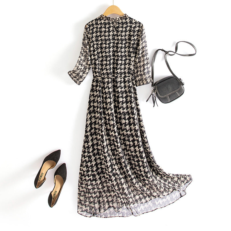 Women's Checkered Chiffon Mid-length Dress with Belt - ChoreGirl