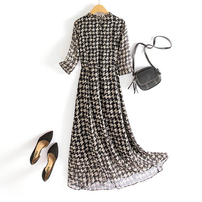 Women's Checkered Chiffon Mid-length Dress with Belt - ChoreGirl