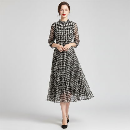 Women's Checkered Chiffon Mid-length Dress with Belt