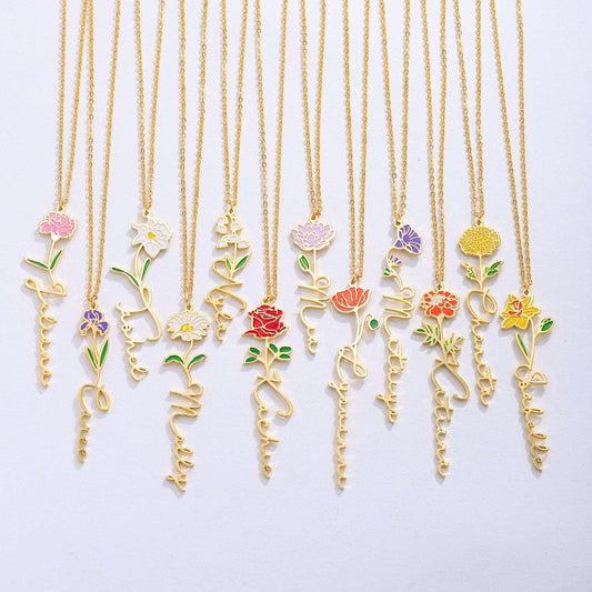 Women's Colored Personalized Birth Flower Stainless Steel Necklace - ChoreGirl