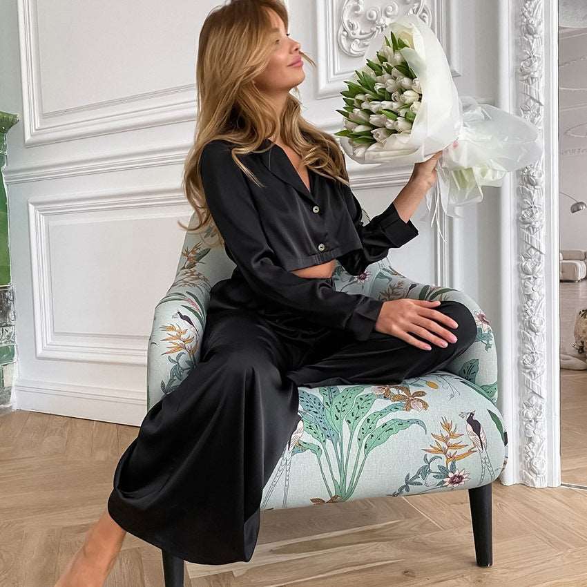 Women's Crop Top and Baggy Pants Ice Silk Pajamas Set - ChoreGirl