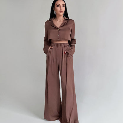 Women's Crop Top and Baggy Pants Ice Silk Pajamas Set - ChoreGirl