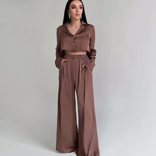 Women's Crop Top and Baggy Pants Ice Silk Pajamas Set - ChoreGirl