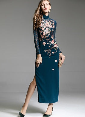 Women's Elegant Embroidered Flower Midi Dress - ChoreGirl